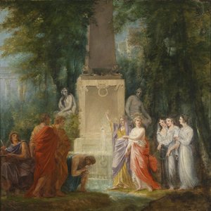 Poeter drikker sannhetens vann ved den kastaliske kilden, designet for et teatergardin